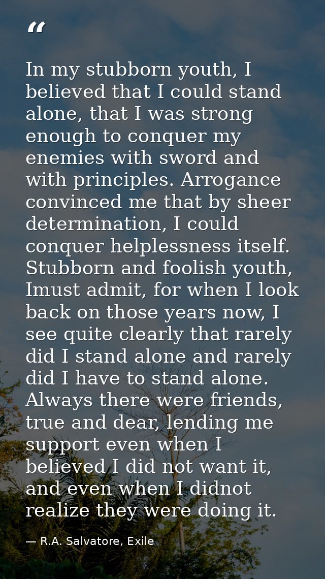 In my stubborn youth, I believed that I could stand alone, that I was strong enough to conquer my enemies with sword and — R.A. Salvatore, Exile