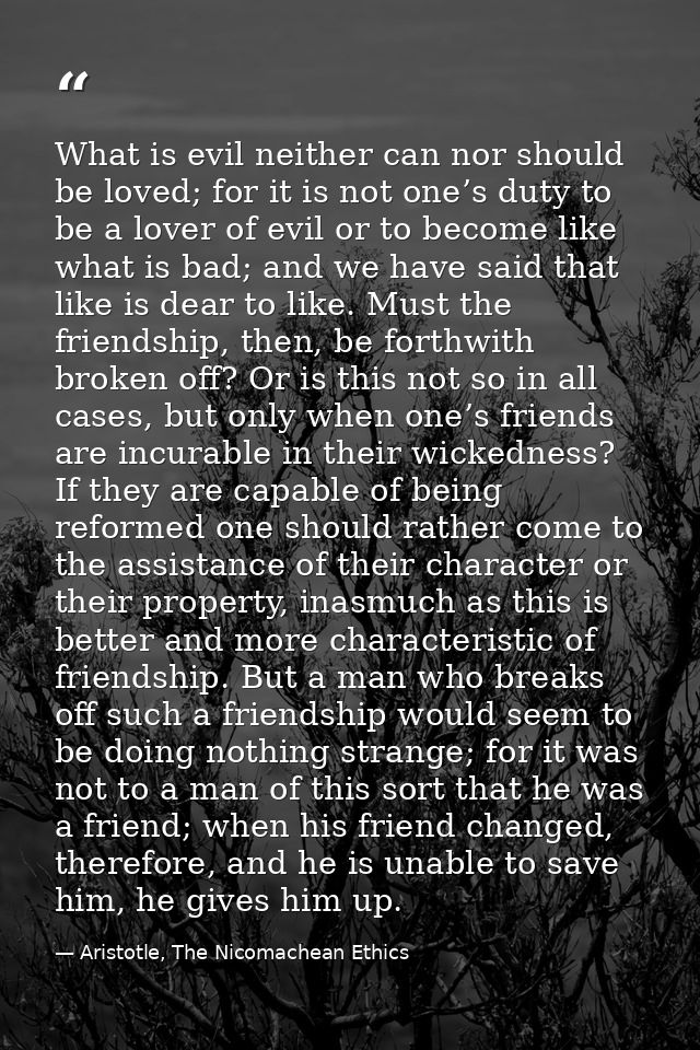 What is evil neither can nor should be loved; for it is not one’s duty to be a lover of evil or to become like what is b — Aristotle, The Nicomachean Ethics