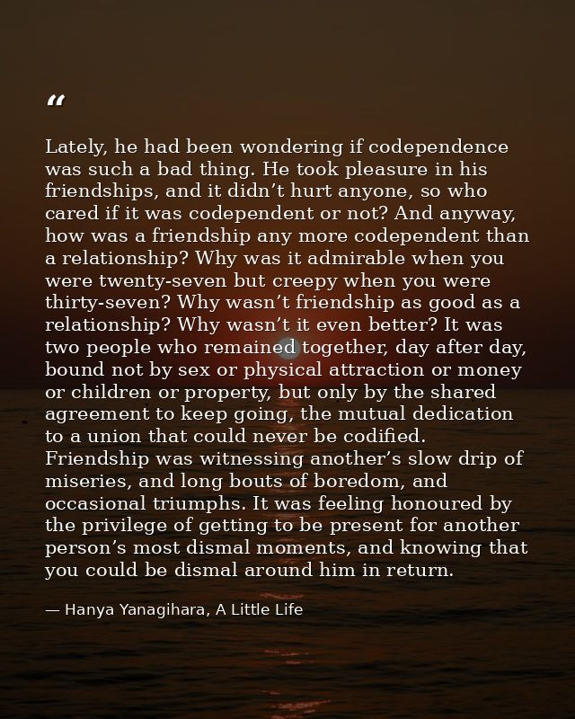 Lately, he had been wondering if codependence was such a bad thing. He took pleasure in his friendships, and it didn’t h — Hanya Yanagihara, A Little Life