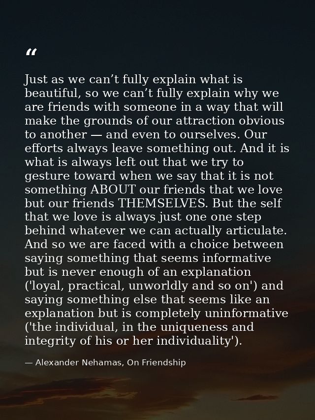 Just as we can’t fully explain what is beautiful, so we can’t fully explain why we are friends with someone in a way tha — Alexander Nehamas, On Friendship