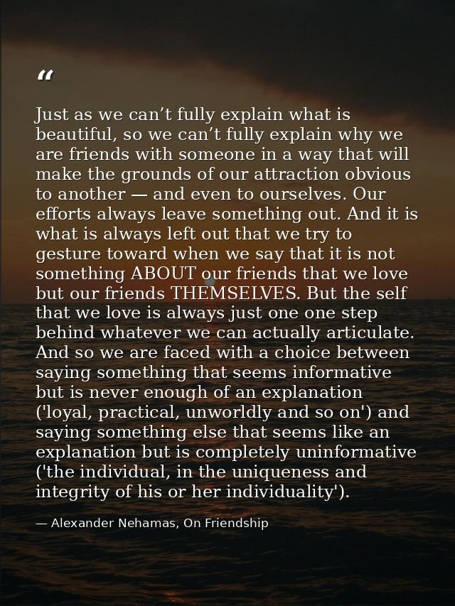 Just as we can’t fully explain what is beautiful, so we can’t fully explain why we are friends with someone in a way tha — Alexander Nehamas, On Friendship