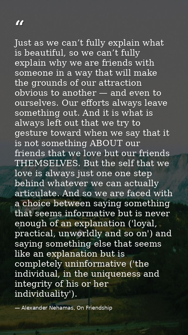 Just as we can’t fully explain what is beautiful, so we can’t fully explain why we are friends with someone in a way tha — Alexander Nehamas, On Friendship