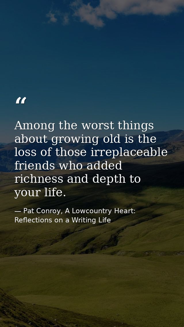 Among the worst things about growing old is the loss of those irreplaceable friends who added richness and depth to your — Pat Conroy, A Lowcountry Heart: Reflections on a Writing Life