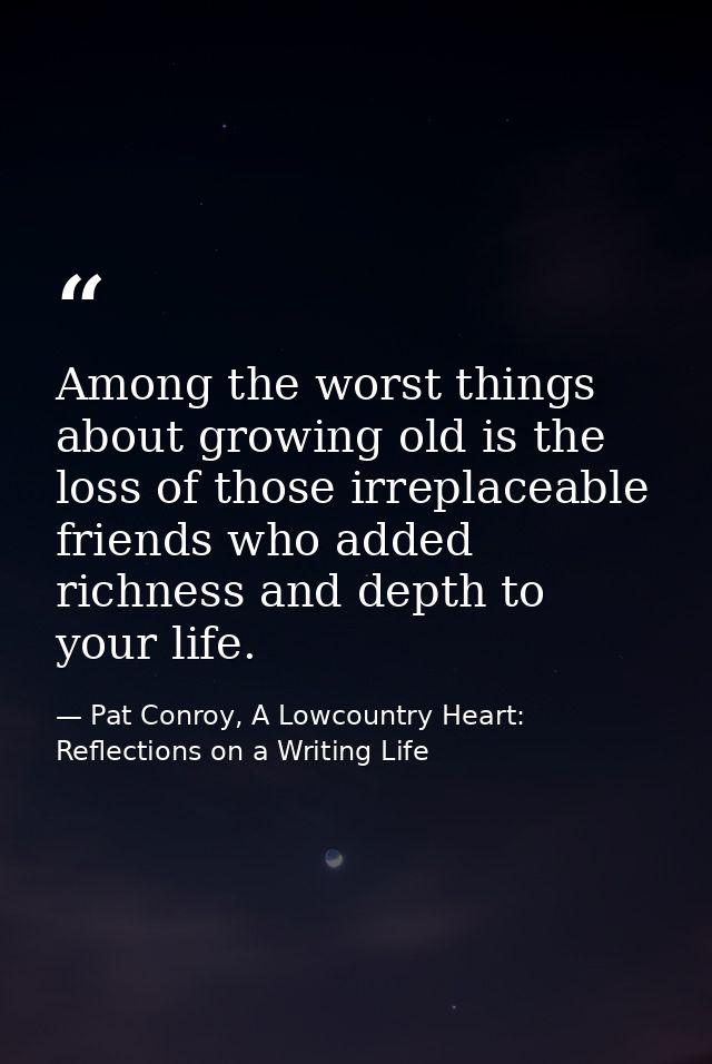 Among the worst things about growing old is the loss of those irreplaceable friends who added richness and depth to your — Pat Conroy, A Lowcountry Heart: Reflections on a Writing Life