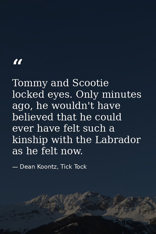 Tommy and Scootie locked eyes. Only minutes ago, he wouldn't have believed that he could ever have felt such a kinship w — Dean Koontz, Tick Tock