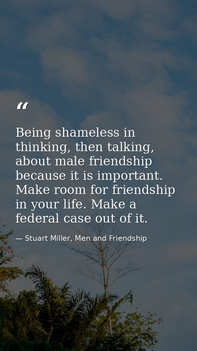 Being shameless in thinking, then talking, about male friendship because it is important. Make room for friendship in yo — Stuart Miller, Men and Friendship