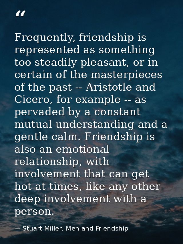 Frequently, friendship is represented as something too steadily pleasant, or in certain of the masterpieces of the past  — Stuart Miller, Men and Friendship