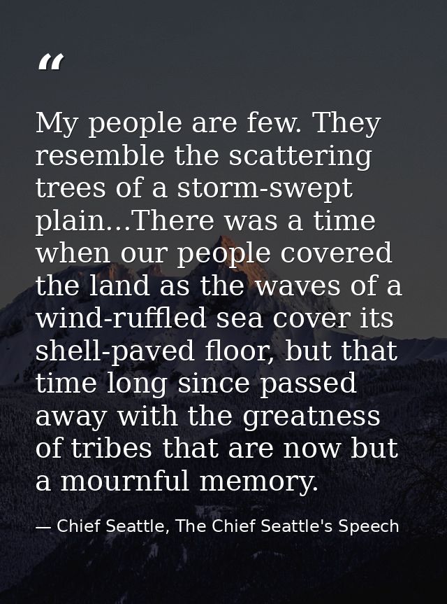 My people are few. They resemble the scattering trees of a storm-swept plain...There was a time when our people covered  — Chief Seattle, The Chief Seattle's Speech