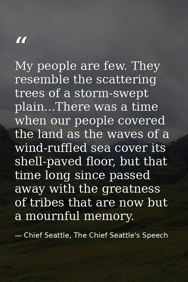 My people are few. They resemble the scattering trees of a storm-swept plain...There was a time when our people covered  — Chief Seattle, The Chief Seattle's Speech