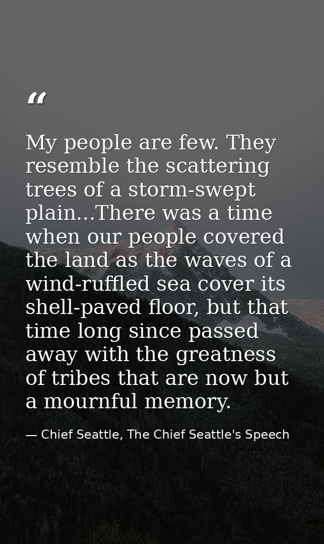 My people are few. They resemble the scattering trees of a storm-swept plain...There was a time when our people covered  — Chief Seattle, The Chief Seattle's Speech