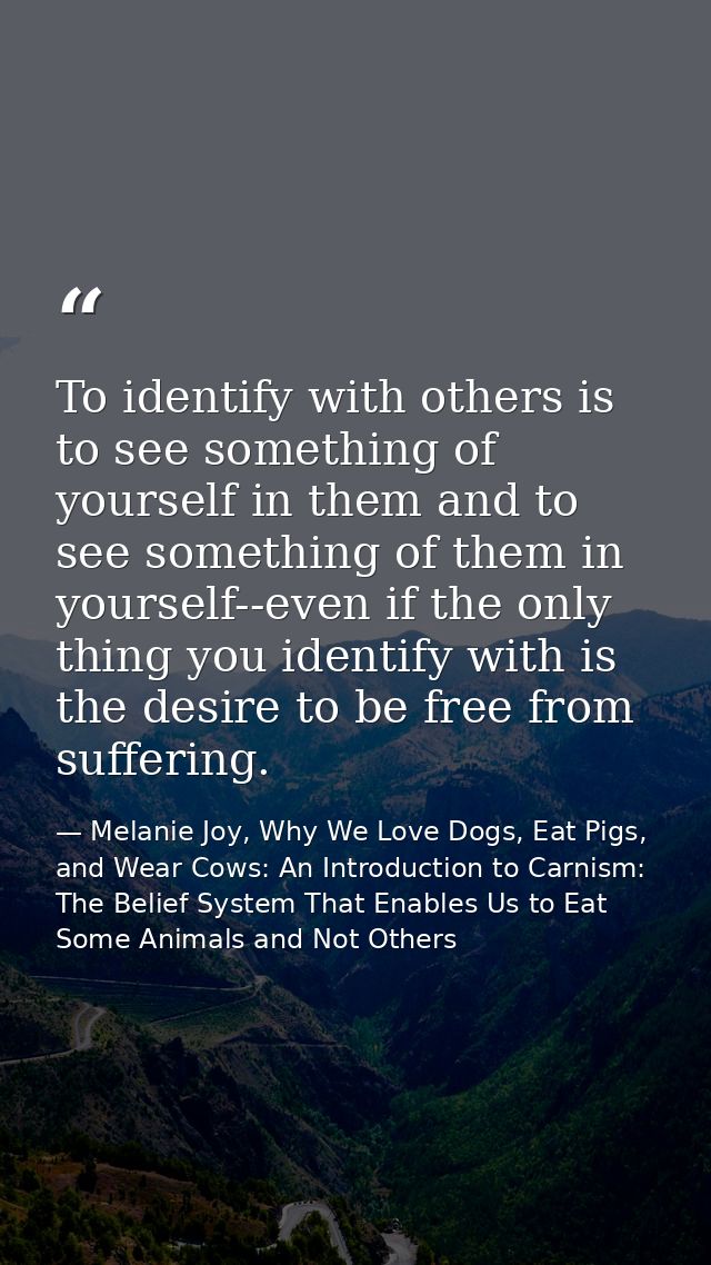 To identify with others is to see something of yourself in them and to see something of them in yourself--even if the on — Melanie Joy, Why We Love Dogs, Eat Pigs, and Wear Cows: An Introduction to Carnism: The Belief System That Enables Us to Eat Some Animals and Not Others