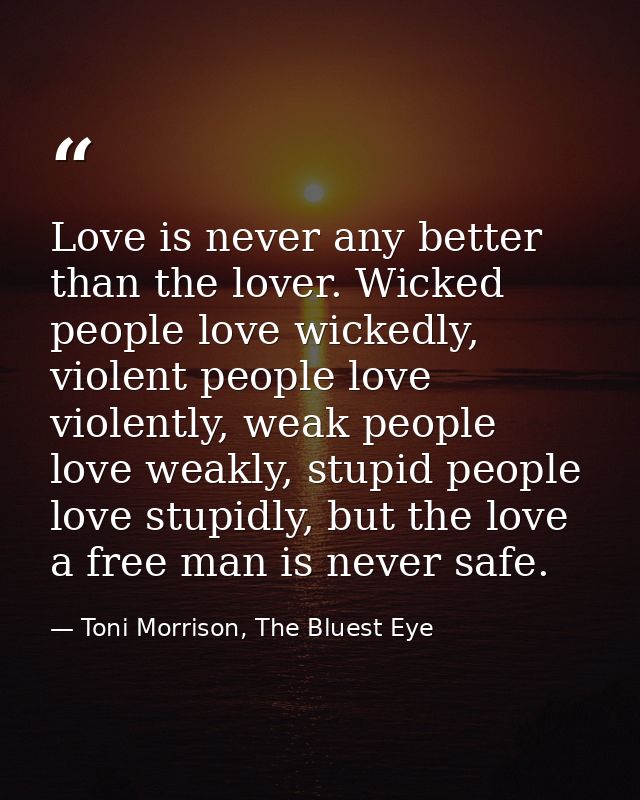 Love is never any better than the lover. Wicked people love wickedly, violent people love violently, weak people love we — Toni Morrison, The Bluest Eye