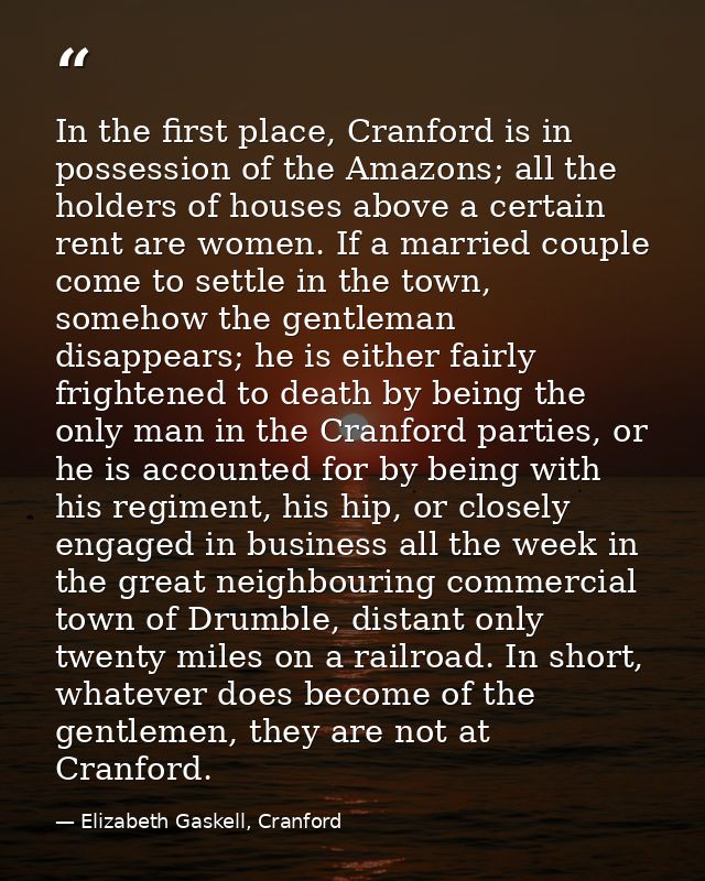 In the first place, Cranford is in possession of the Amazons; all the holders of houses above a certain rent are women.  — Elizabeth Gaskell, Cranford