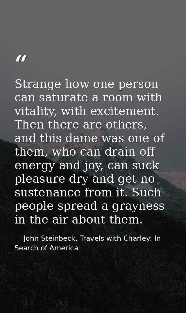 Strange how one person can saturate a room with vitality, with excitement. Then there are others, and this dame was one  — John Steinbeck, Travels with Charley: In Search of America