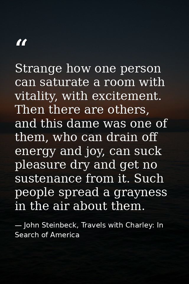 Strange how one person can saturate a room with vitality, with excitement. Then there are others, and this dame was one  — John Steinbeck, Travels with Charley: In Search of America