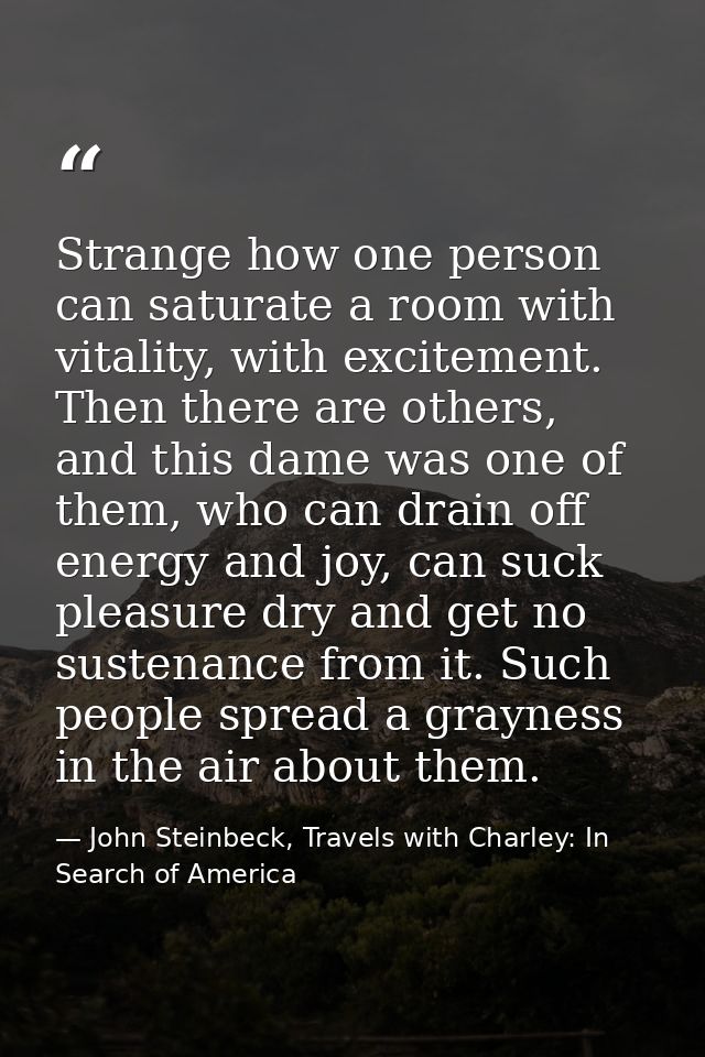Strange how one person can saturate a room with vitality, with excitement. Then there are others, and this dame was one  — John Steinbeck, Travels with Charley: In Search of America