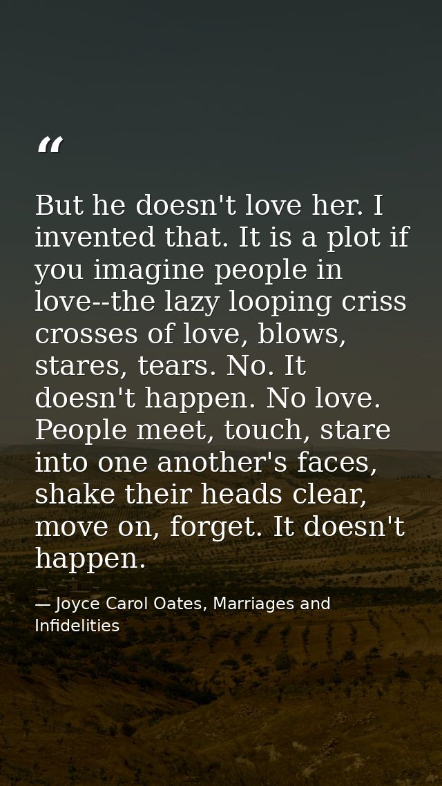 But he doesn't love her. I invented that. It is a plot if you imagine people in love--the lazy looping criss crosses of  — Joyce Carol Oates, Marriages and Infidelities