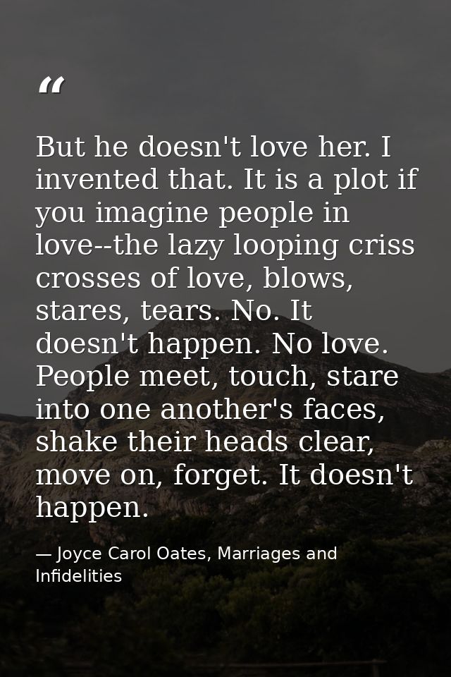 But he doesn't love her. I invented that. It is a plot if you imagine people in love--the lazy looping criss crosses of  — Joyce Carol Oates, Marriages and Infidelities