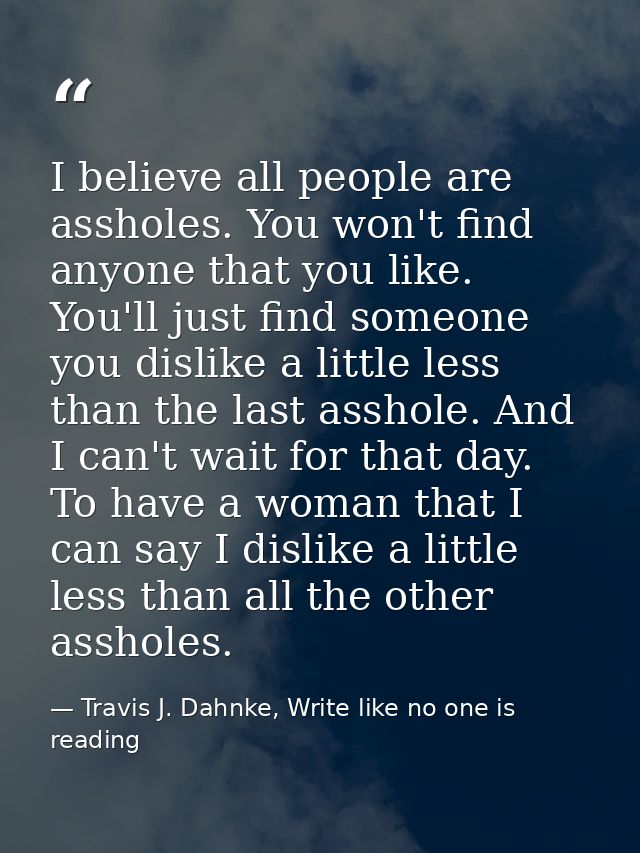 I believe all people are assholes. You won't find anyone that you like. You'll just find someone you dislike a little le — Travis J. Dahnke, Write like no one is reading