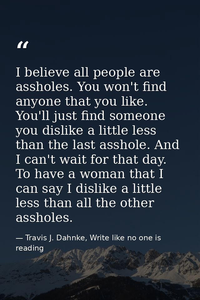 I believe all people are assholes. You won't find anyone that you like. You'll just find someone you dislike a little le — Travis J. Dahnke, Write like no one is reading
