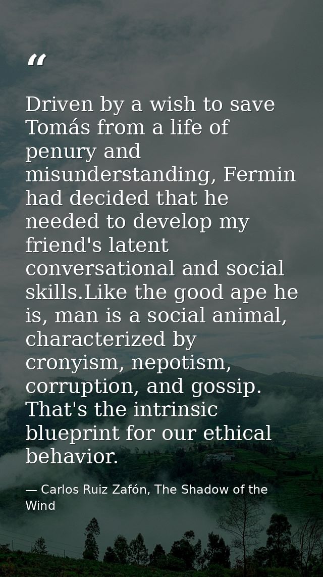 Driven by a wish to save Tomás from a life of penury and misunderstanding, Fermin had decided that he needed to develop  — Carlos Ruiz Zafón, The Shadow of the Wind