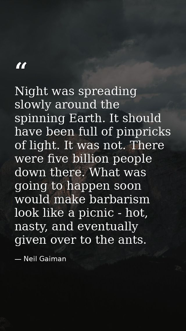 Night was spreading slowly around the spinning Earth. It should have been full of pinpricks of light. It was not. There  — Neil Gaiman