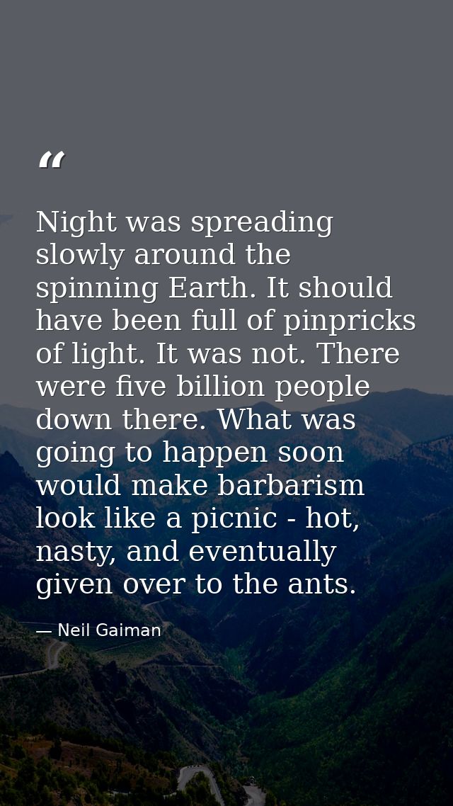 Night was spreading slowly around the spinning Earth. It should have been full of pinpricks of light. It was not. There  — Neil Gaiman