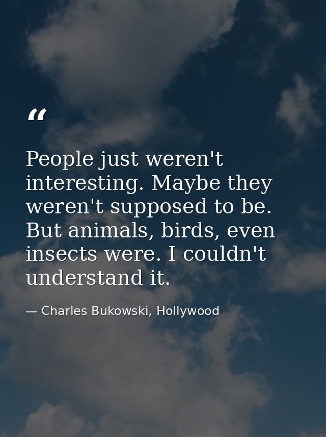 People just weren't interesting. Maybe they weren't supposed to be. But animals, birds, even insects were. I couldn't un — Charles Bukowski, Hollywood