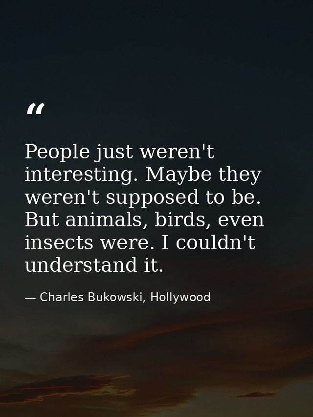 People just weren't interesting. Maybe they weren't supposed to be. But animals, birds, even insects were. I couldn't un — Charles Bukowski, Hollywood