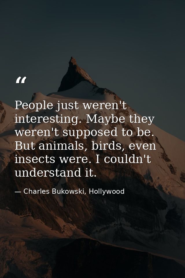 People just weren't interesting. Maybe they weren't supposed to be. But animals, birds, even insects were. I couldn't un — Charles Bukowski, Hollywood