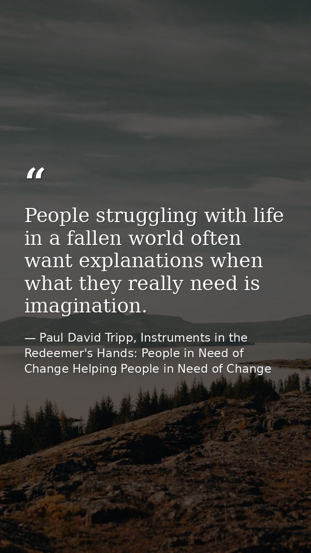People struggling with life in a fallen world often want explanations when what they really need is imagination. — Paul David Tripp, Instruments in the Redeemer's Hands: People in Need of Change Helping People in Need of Change