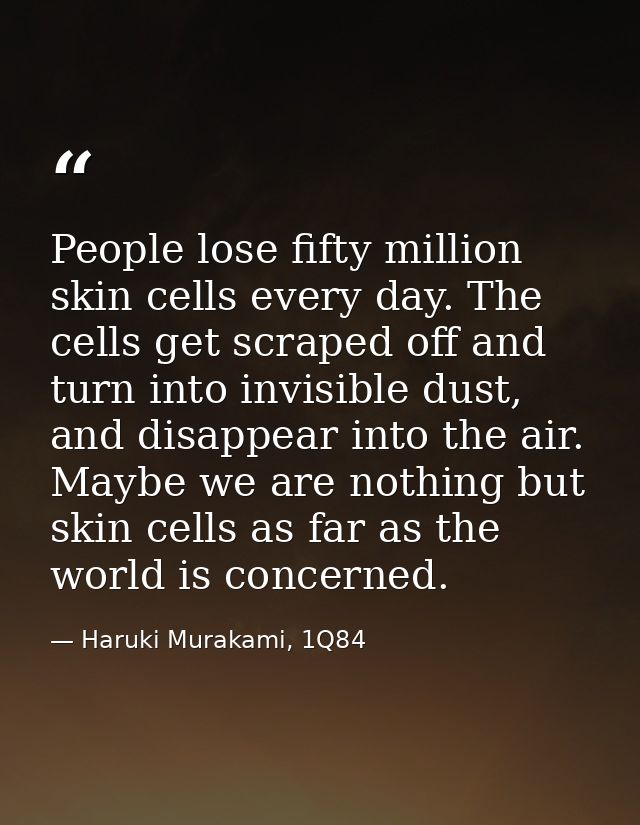 People lose fifty million skin cells every day. The cells get scraped off and turn into invisible dust, and disappear in — Haruki Murakami, 1Q84