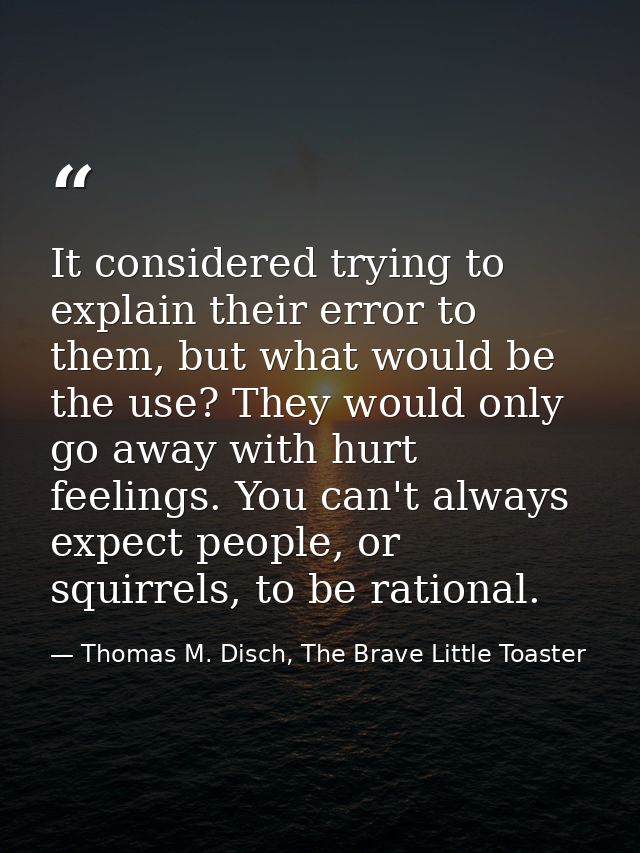 It considered trying to explain their error to them, but what would be the use? They would only go away with hurt feelin — Thomas M. Disch, The Brave Little Toaster