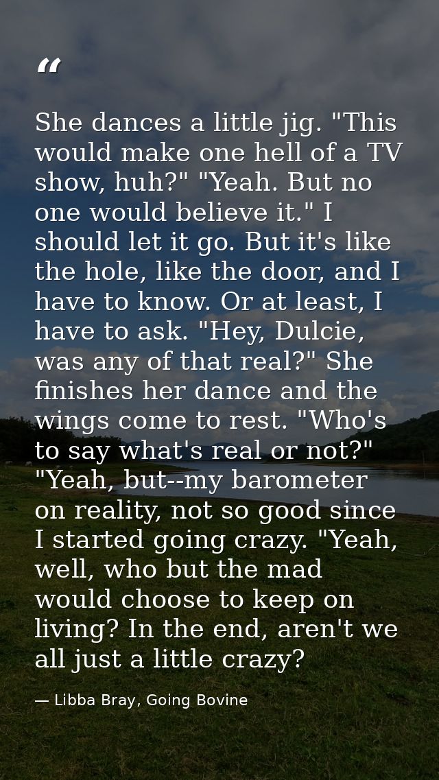 She dances a little jig. "This would make one hell of a TV show, huh?" "Yeah. But no one would believe it." I should let — Libba Bray, Going Bovine
