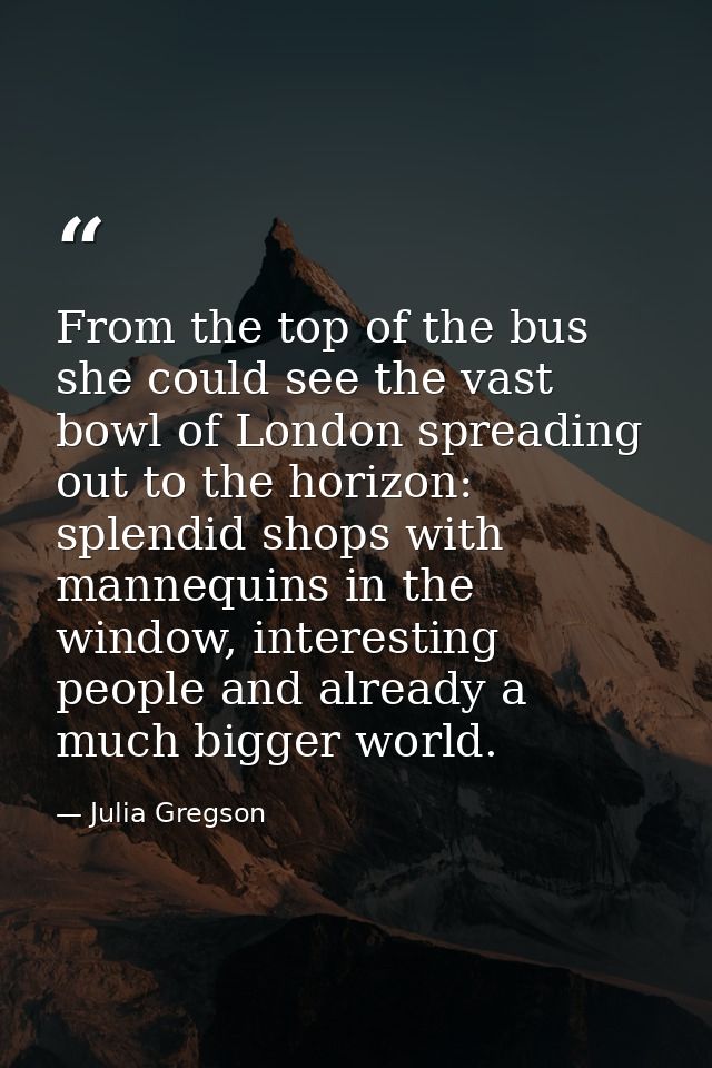 From the top of the bus she could see the vast bowl of London spreading out to the horizon: splendid shops with mannequi — Julia Gregson