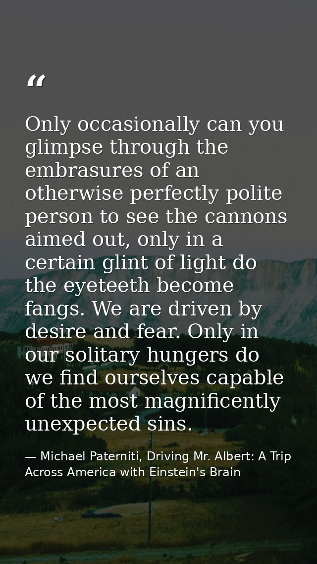 Only occasionally can you glimpse through the embrasures of an otherwise perfectly polite person to see the cannons aime — Michael Paterniti, Driving Mr. Albert: A Trip Across America with Einstein's Brain