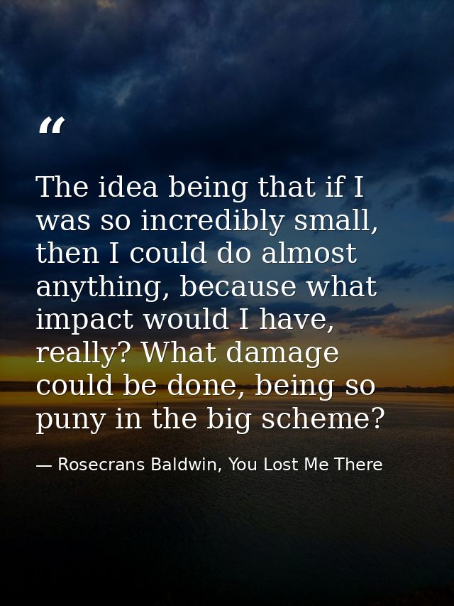 The idea being that if I was so incredibly small, then I could do almost anything, because what impact would I have, rea — Rosecrans Baldwin, You Lost Me There