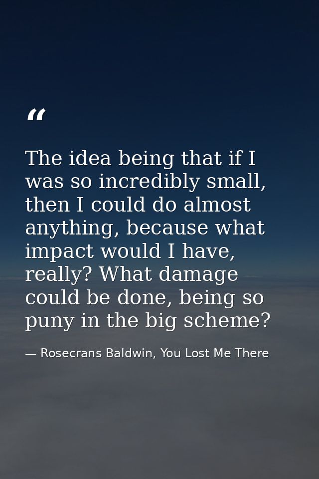 The idea being that if I was so incredibly small, then I could do almost anything, because what impact would I have, rea — Rosecrans Baldwin, You Lost Me There