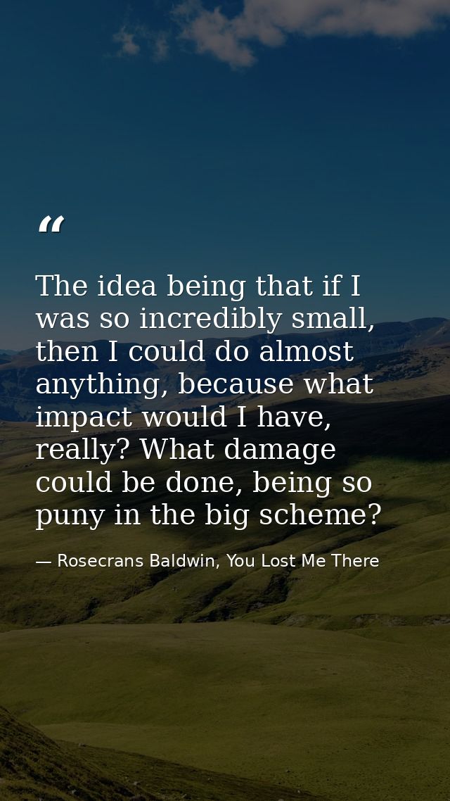 The idea being that if I was so incredibly small, then I could do almost anything, because what impact would I have, rea — Rosecrans Baldwin, You Lost Me There