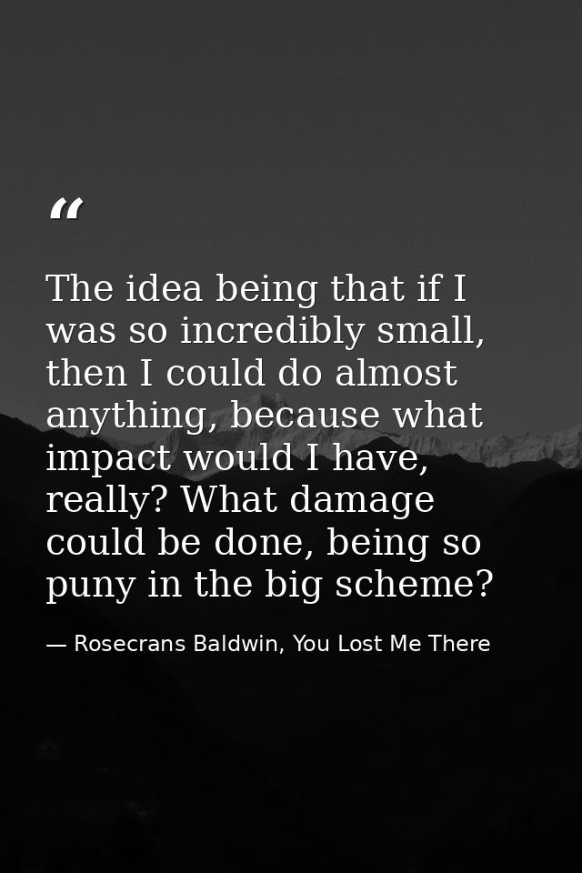 The idea being that if I was so incredibly small, then I could do almost anything, because what impact would I have, rea — Rosecrans Baldwin, You Lost Me There