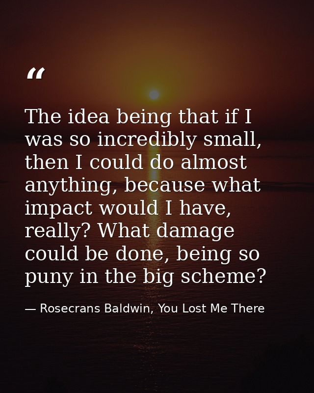 The idea being that if I was so incredibly small, then I could do almost anything, because what impact would I have, rea — Rosecrans Baldwin, You Lost Me There