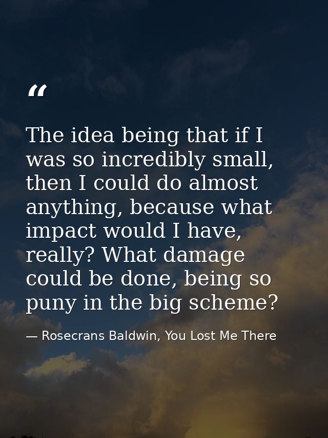 The idea being that if I was so incredibly small, then I could do almost anything, because what impact would I have, rea — Rosecrans Baldwin, You Lost Me There