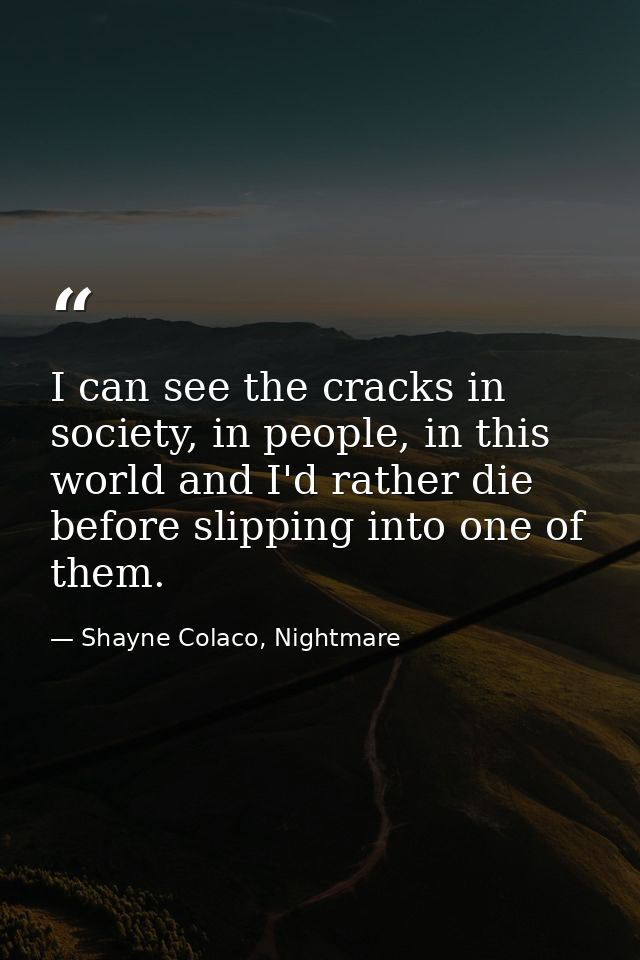 I can see the cracks in society, in people, in this world and I'd rather die before slipping into one of them. — Shayne Colaco, Nightmare