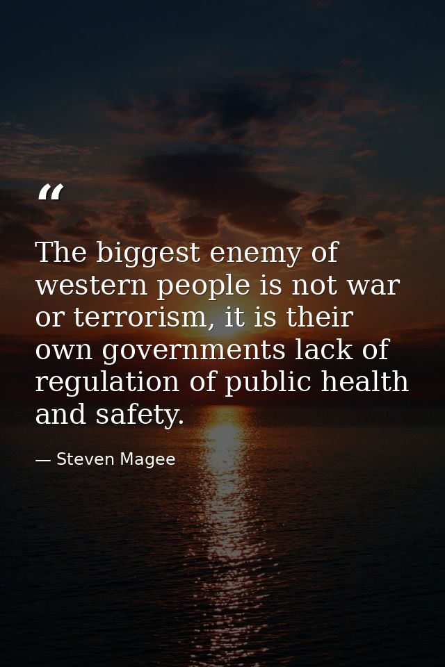 The biggest enemy of western people is not war or terrorism, it is their own governments lack of regulation of public he — Steven Magee