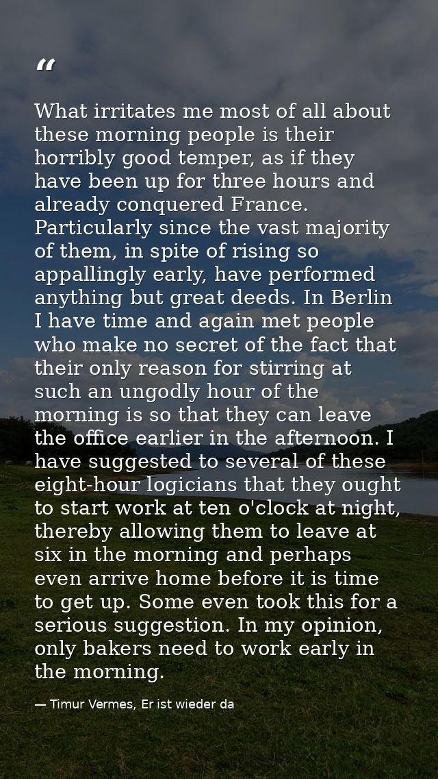 What irritates me most of all about these morning people is their horribly good temper, as if they have been up for thre — Timur Vermes, Er ist wieder da
