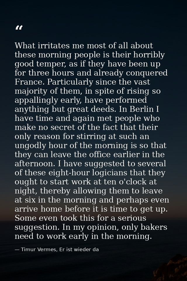 What irritates me most of all about these morning people is their horribly good temper, as if they have been up for thre — Timur Vermes, Er ist wieder da