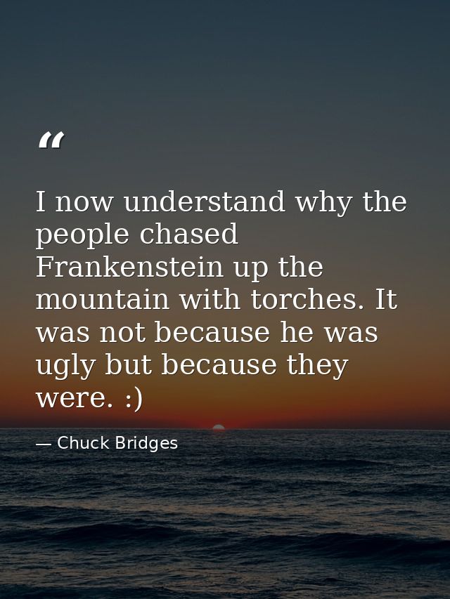 I now understand why the people chased Frankenstein up the mountain with torches. It was not because he was ugly but bec — Chuck Bridges