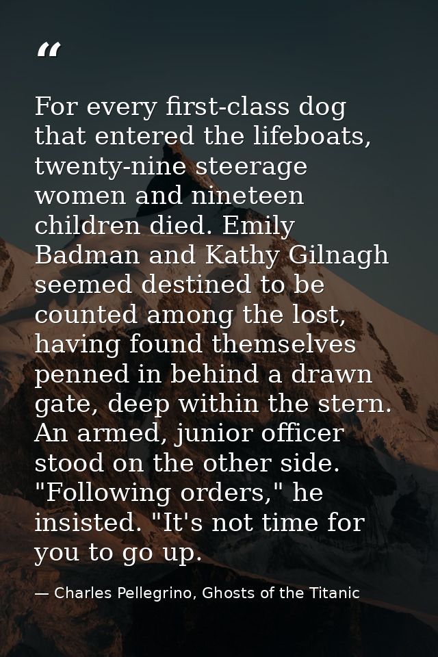 For every first-class dog that entered the lifeboats, twenty-nine steerage women and nineteen children died. Emily Badma — Charles Pellegrino, Ghosts of the Titanic