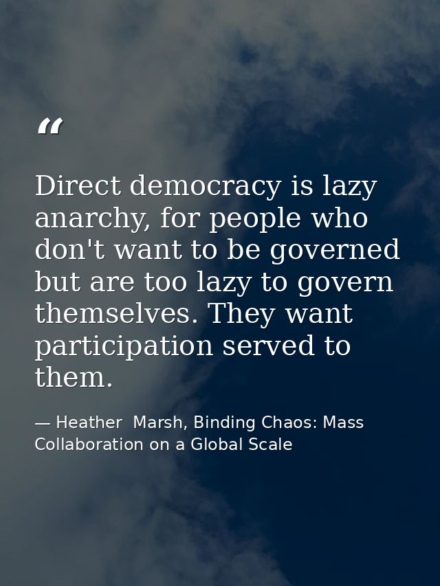 Direct democracy is lazy anarchy, for people who don't want to be governed but are too lazy to govern themselves. They w — Heather  Marsh, Binding Chaos: Mass Collaboration on a Global Scale