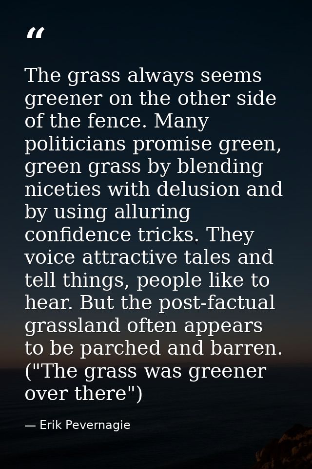 The grass always seems greener on the other side of the fence. Many politicians promise green, green grass by blending n — Erik Pevernagie